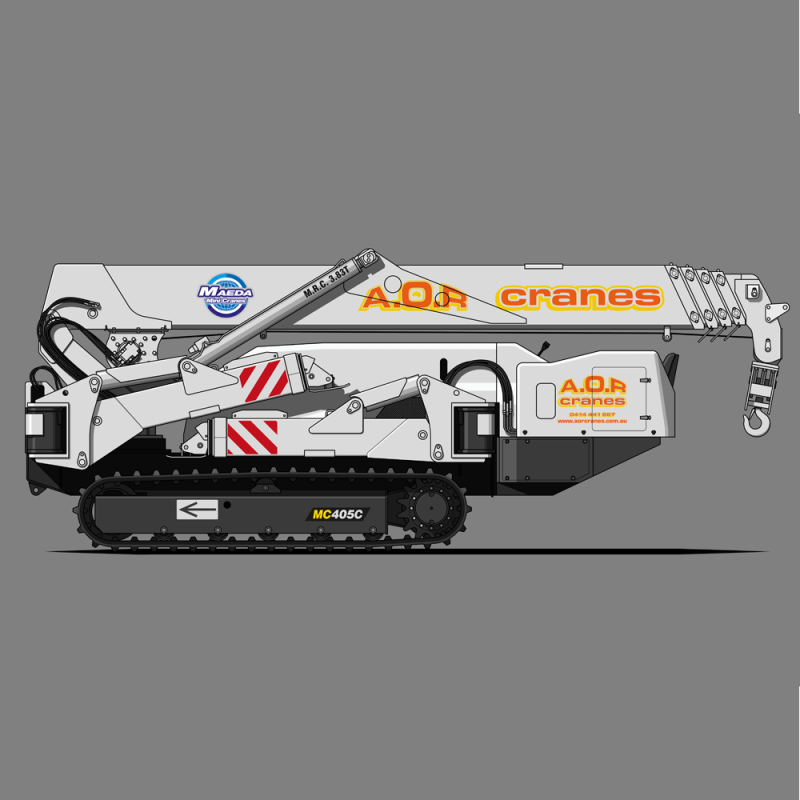 White crane with red logo, 4 tonne maeda mini crawler crane