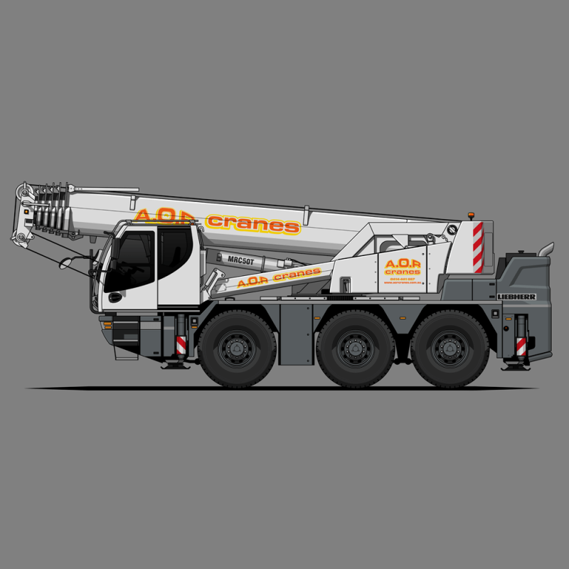 White crane with AOR cranes logo, 50 tonne liebherr all terrain crane